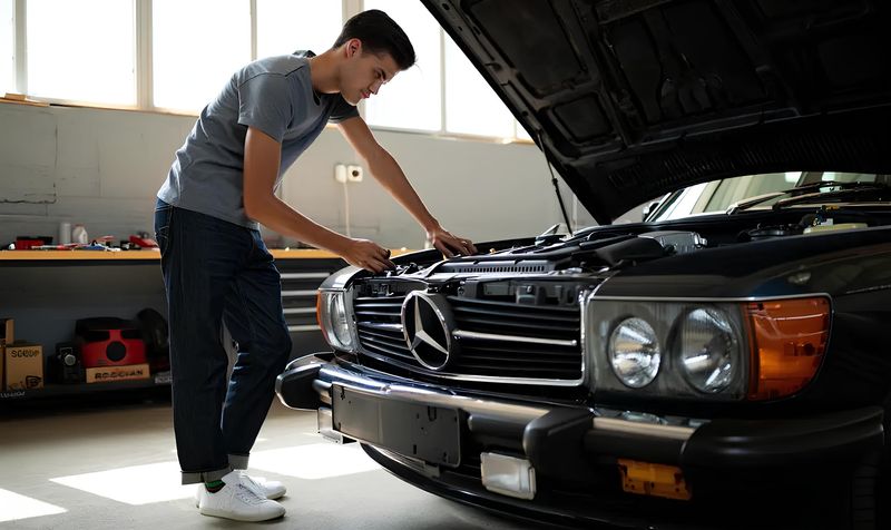 Молодой человек осматривает подкапотное пространство автомобиля